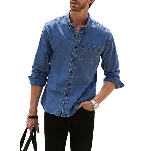 JMIERR Mens Casual Denim Dress Shirts Button Down Long Sleeve Shirts Cotton Regular Fit Shirts