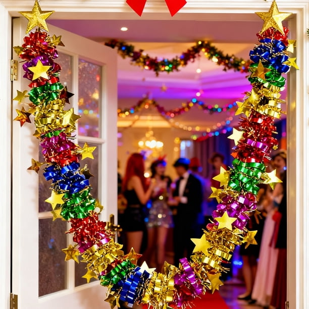 Adornos navideños con cintas multicolor | Guirnalda de espumillón de plástico de 200 cm para barandillas de árbol, pared y chimenea | Decoración DIY para fiestas navideñas