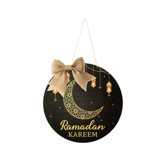 Ramadan Kareem Hanging Ornament - Eid Mubarak Wreath Wooden Hanging Door Sign Decorations Islam Mubarak Moon Black Gold Home Wall Door Window Decor Ramadan Kareem Party Supplies (Eid Style)