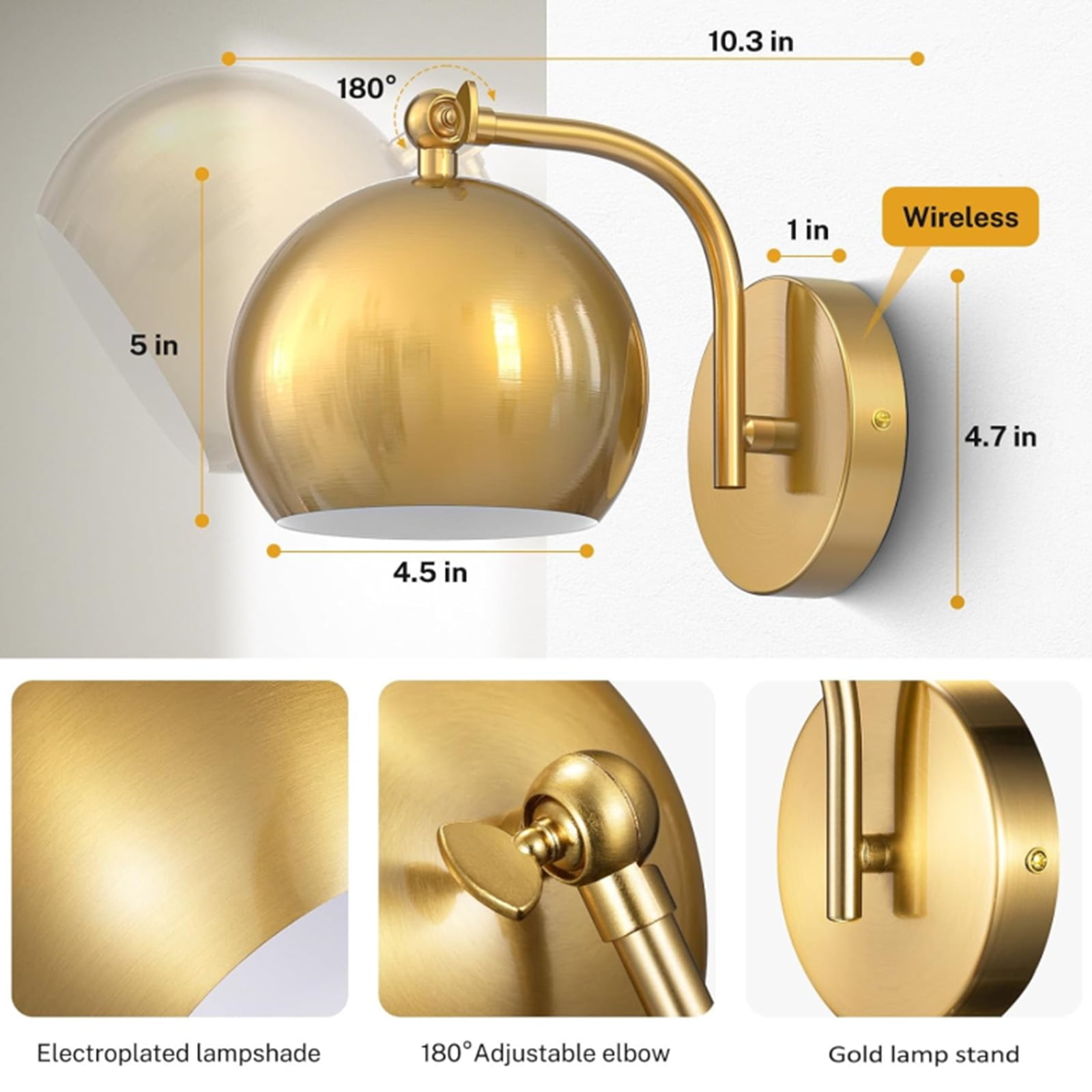 PatioGem Modern Dimmable 2-Light LED Gold Cafeteria, Bedroom Battery Operated Wall Sconces (2 Count)