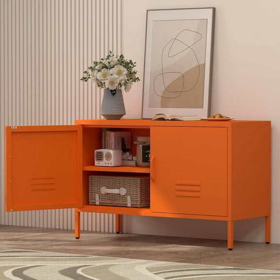 Marcree Metal Storage Cabinet,TV Stand Locker Cabinet, Wide Metal Accent Cabinet with 2 Door, 2-Tier Lockable Storage Cabinet, Orange