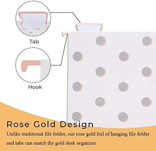 12 Pack Rose Gold Hanging File Folders Letter Size Decorative File Folder Cute Pretty Hanging Folder Organizer for Filing Cabinet Office Home with 1/5-Cut Adjustable Tabs, 3 Gold Foil Design