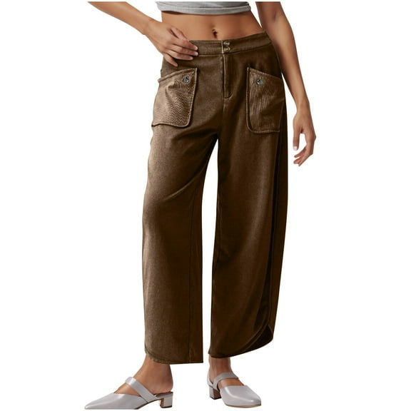 RYRJJ Women Stretch Cropped Pants Wide Straight Leg Pants with Front Pocket Trendy Double Button Casual Ankle Trousers(Coffee,L)
