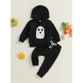 thumbnail image 2 of Suealasg Toddler Boy Halloween Clothes 6M 12M 18M 2T 3T 4T Infant Baby Boy Long Sleeve Crew Neck Ghost Print Hoodie Sweatshirt +Sweatpants 2Pcs Halloween Tracksuit Clothes Set, 2 of 8