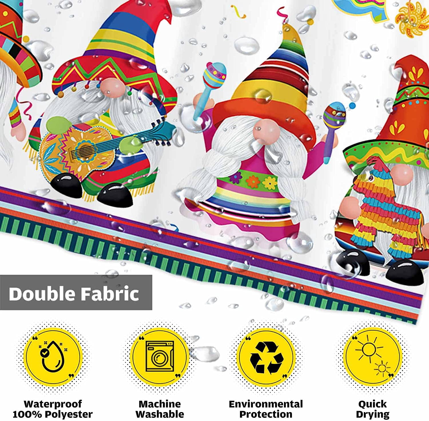 72" x 72" Let's Fiesta Gnomes Baby Shower Curtain Set with Hooks Cinco De Mayo Bright Bathroom Decorations Bathtubs Decor Easy Care Washable Waterproof Polyester Fabric
