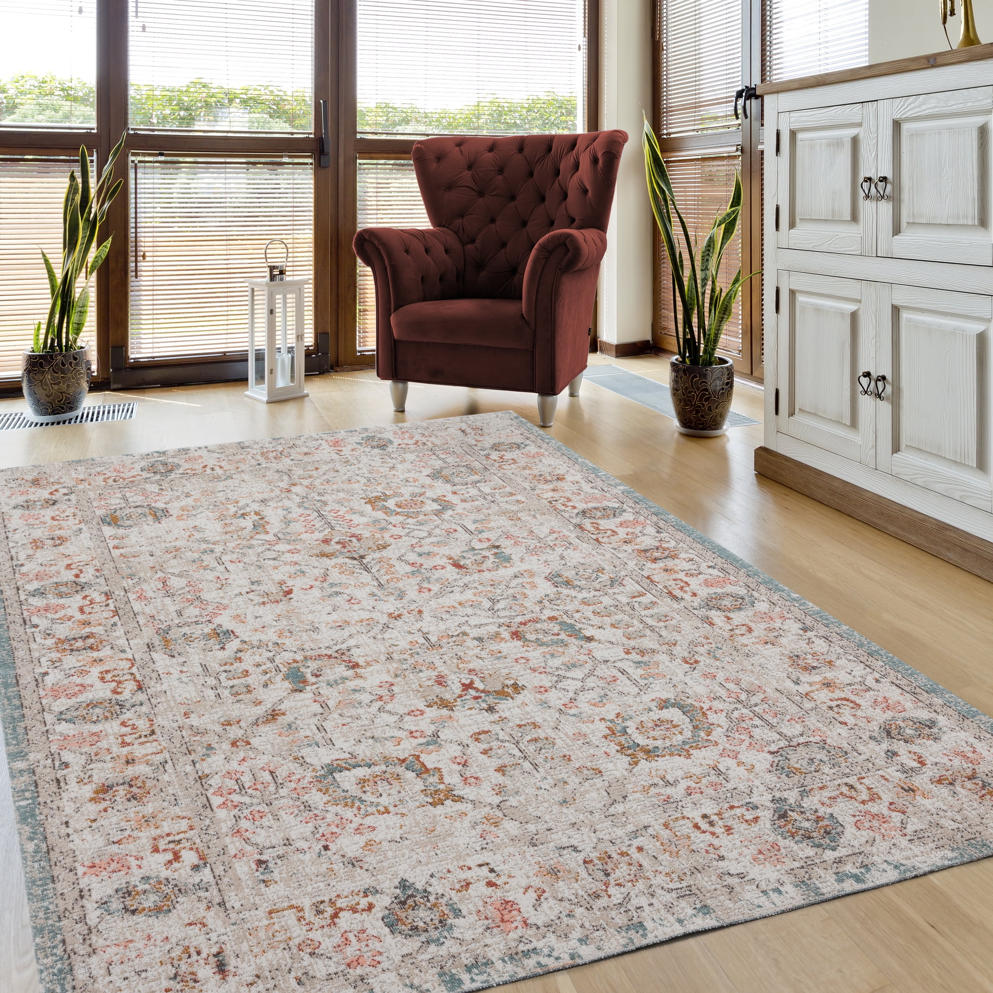 Ox Bay Blake 5'3" x 7'10" Beige/Blue Traditional Durable Performance Indoor/Outdoor Area Rug
