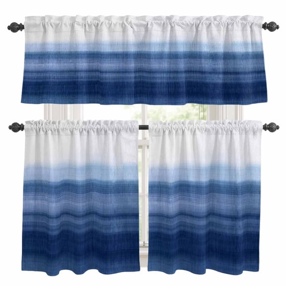 Navy Blue Ombre Kitchen Curtains, Kitchen Curtains and Valances Set of 3, Farmhouse Modern Gradient Light Filtering Tailored Tier Curtain 36 Inch Length Drapes for RV Cafe Bathroom Bedroom