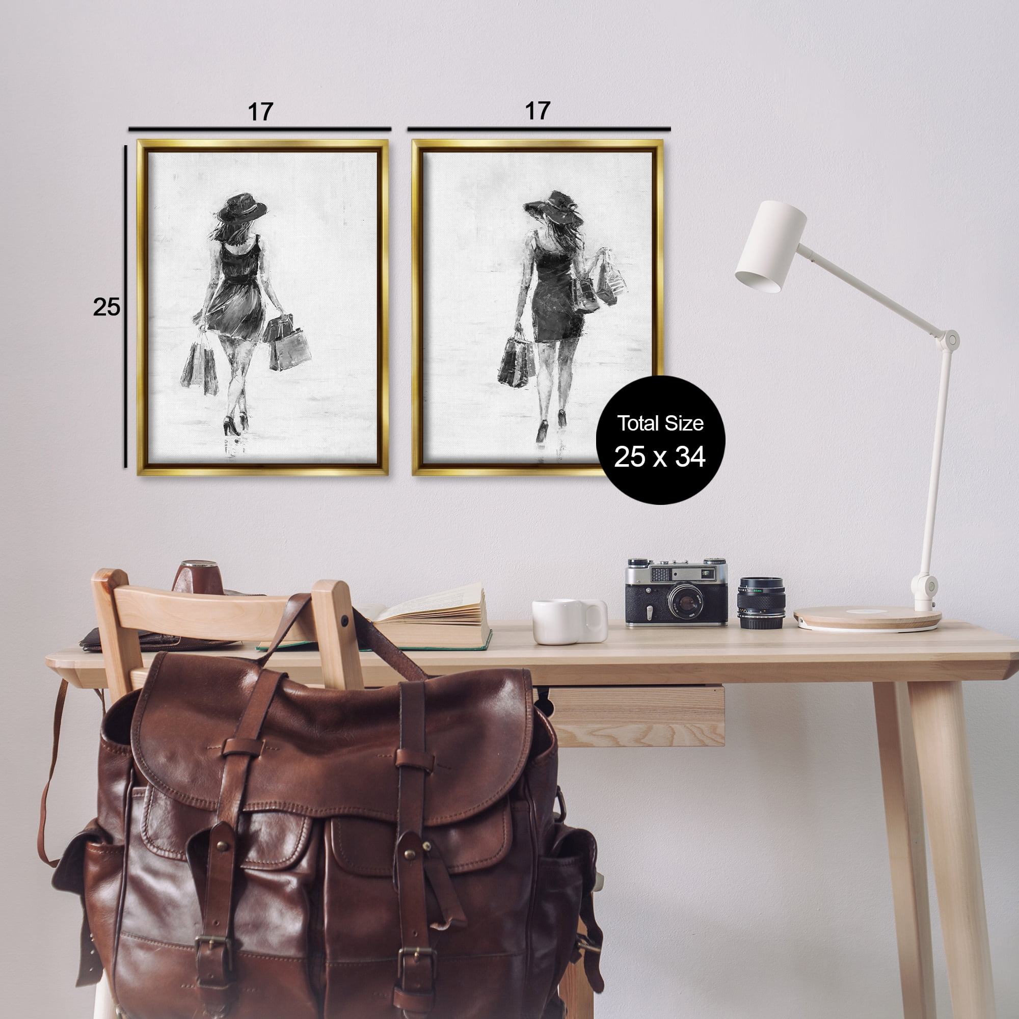 Stupell Industries Female Figures Shopping Bags People Painting Gold Floater Framed Canvas Art Print Wall Art, 17 x 25, Set of 2