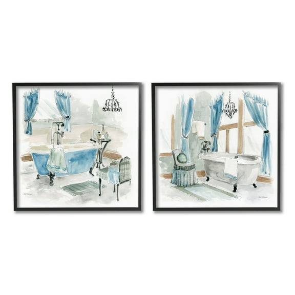 Stupell Industries Bathroom Tub Painting Blue & Beige Typography Painting Black Framed Art Print Wall Art, Set of 2