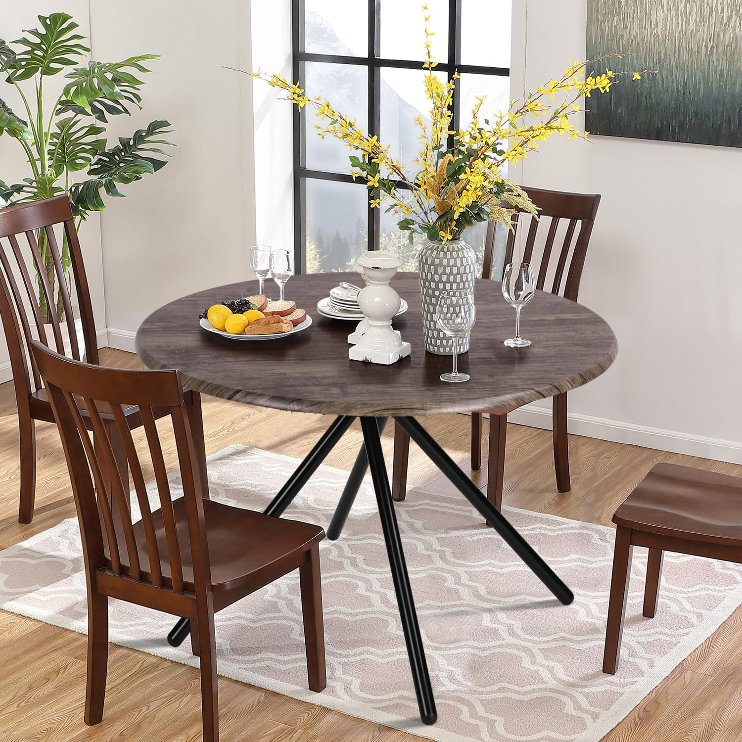 Round Dining Table for 2-4 People, Wood Top Dining Table with Intersecting Pedestal Base & Metal Legs, Multifunctional Table for Kitchen Living Room Home Office