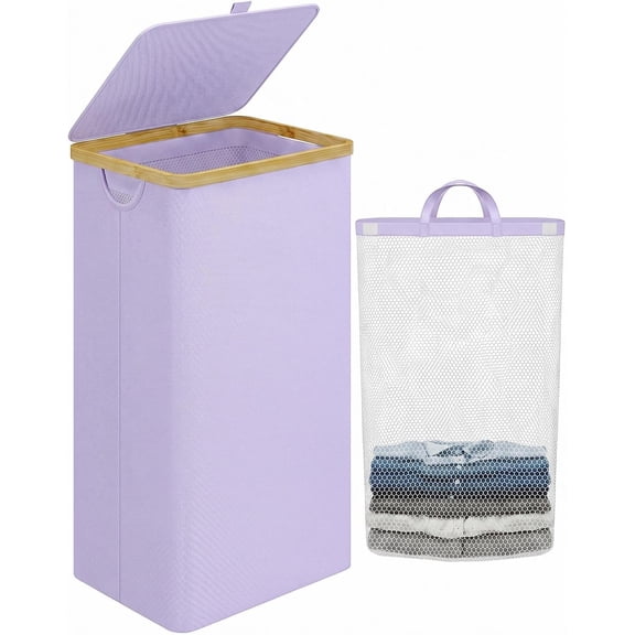 Laundry Hamper with Lid,110L Laundry Basket with Mesh Bags,Purple | Dirty Clothes Hamper Basket with Bamboo Handle for Clothes Towels