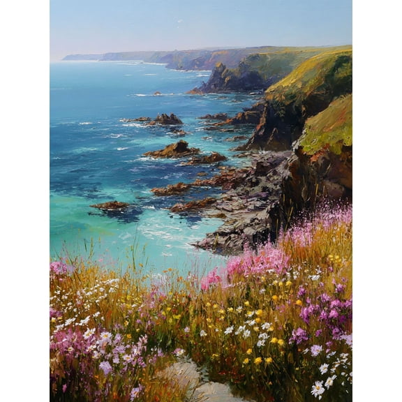 Coastal Seascape Wildflowers Oil Canvas Print, Wall Art for Living Room Bedroom Kitchen Dining Room Office Home