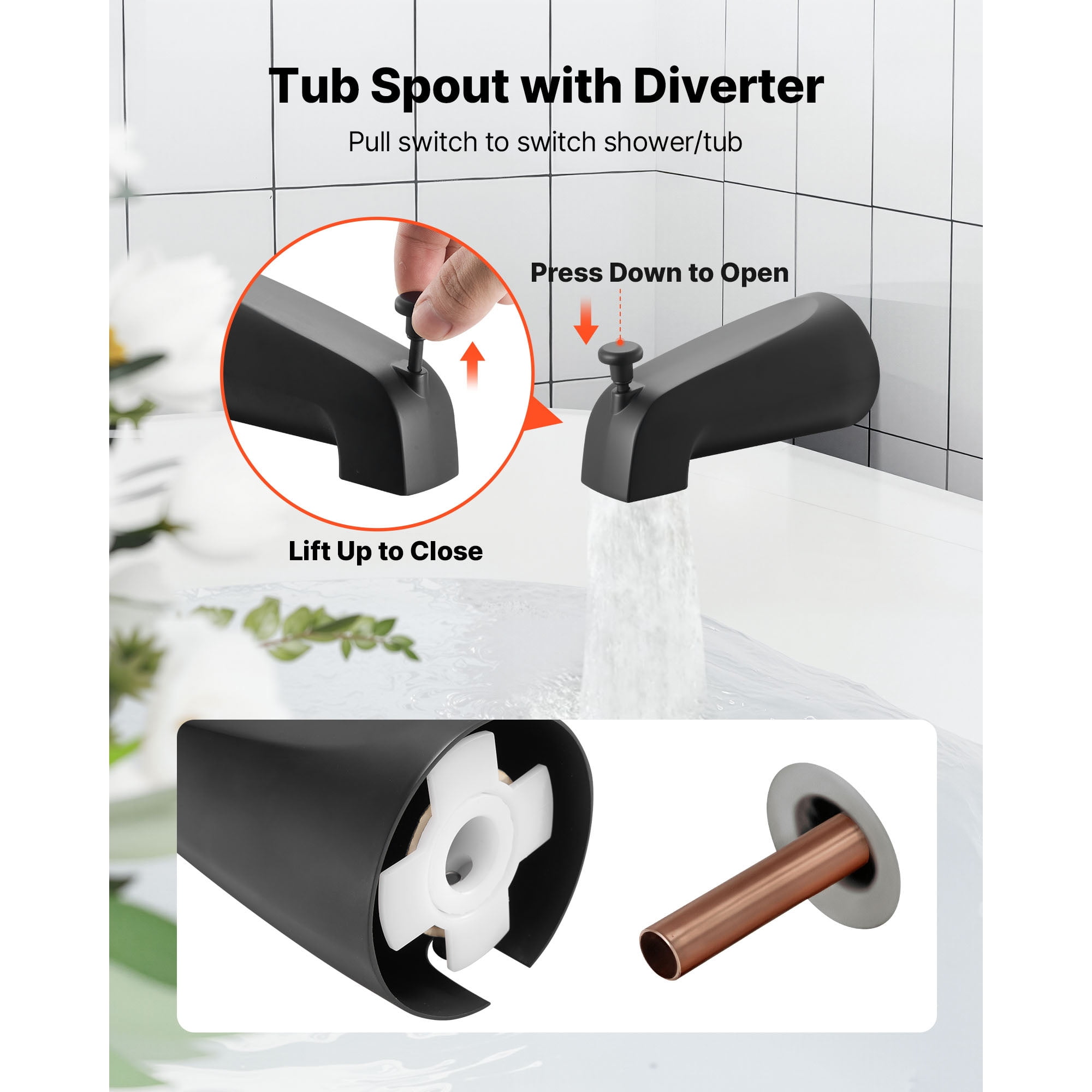 KFFKFF Tub and Shower Faucet Set with 5-Inch Rainfall Shower Head, Bathtub Spout, 8-Spray Adjustable Settings, Single-Handle Trim Kit, and Brass Pressure Balance Valve, Matte Black Finish