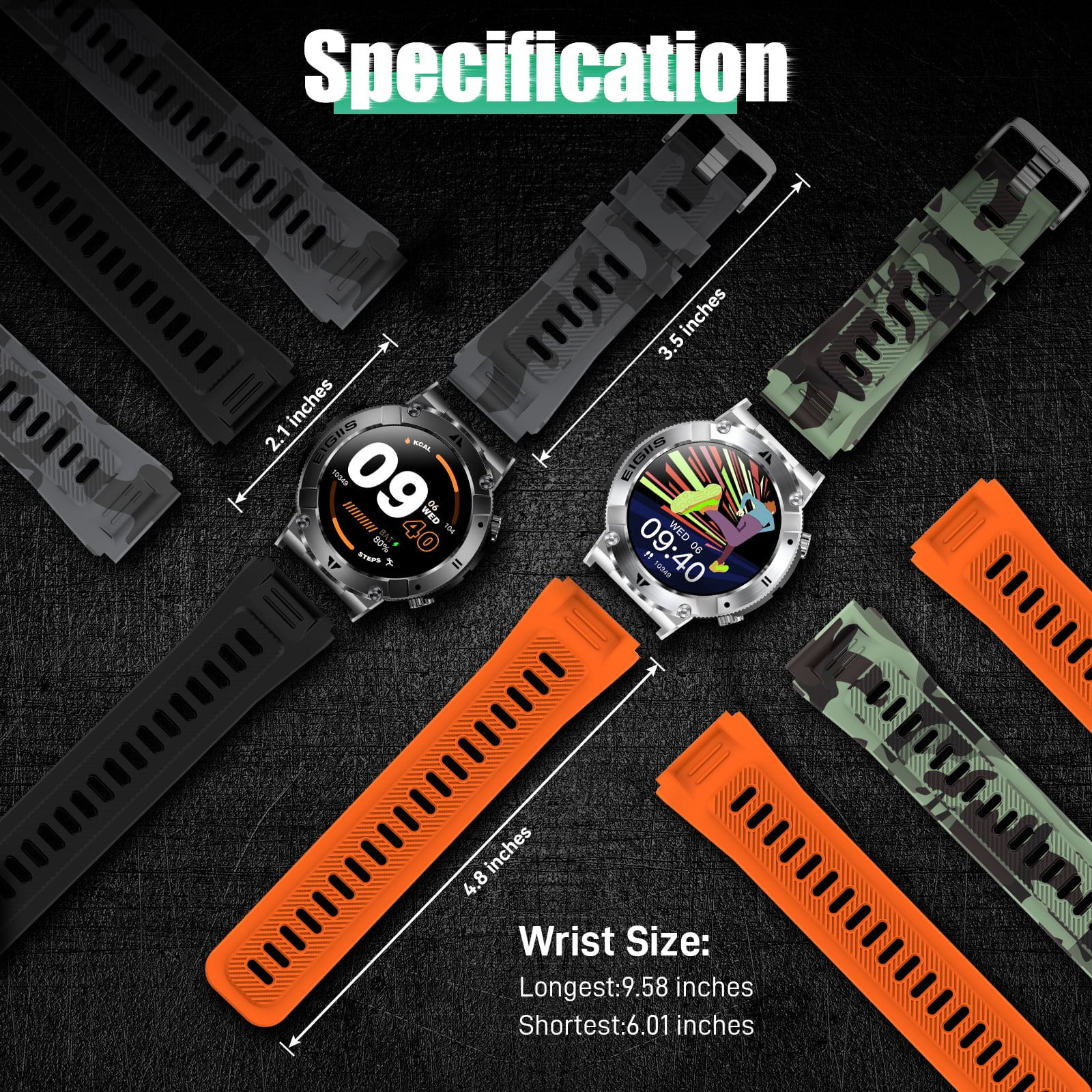 EIGIIS Military Smart Watch for Men 1.32" Outdoor Tactical Sports Smartwatch Multi strap combination Compatible iPhone Samsung