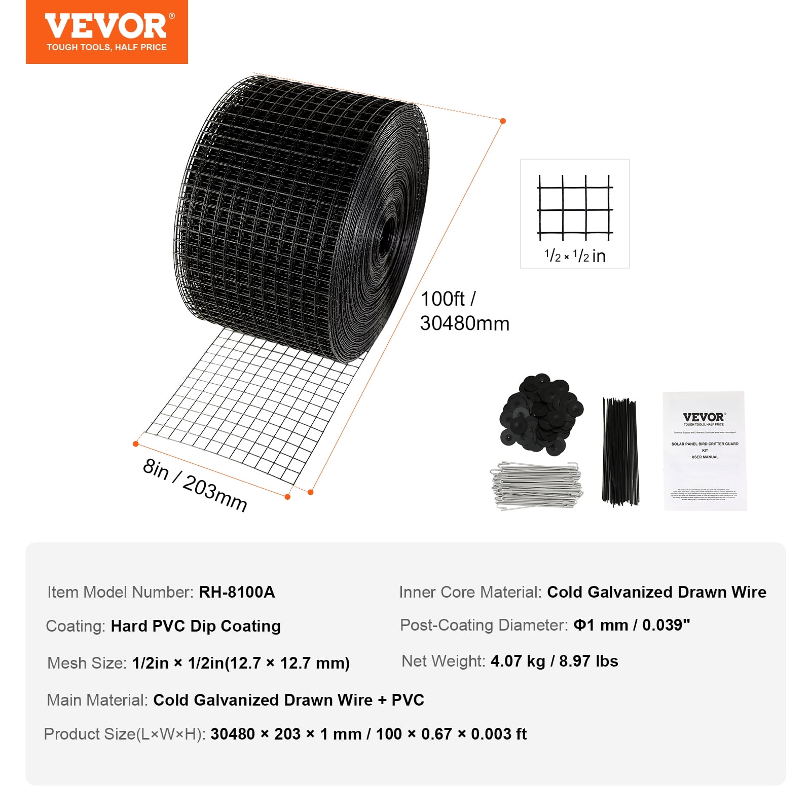 VEVOR 8 inch x 100ft Solar Panel Bird Guard, Critter Guard Roll Kit with 70pcs Aluminum Alloy Fasteners, Solar Panel Guard with Rust-proof PVC Coating, 1/2 inch Wire Roll Mesh