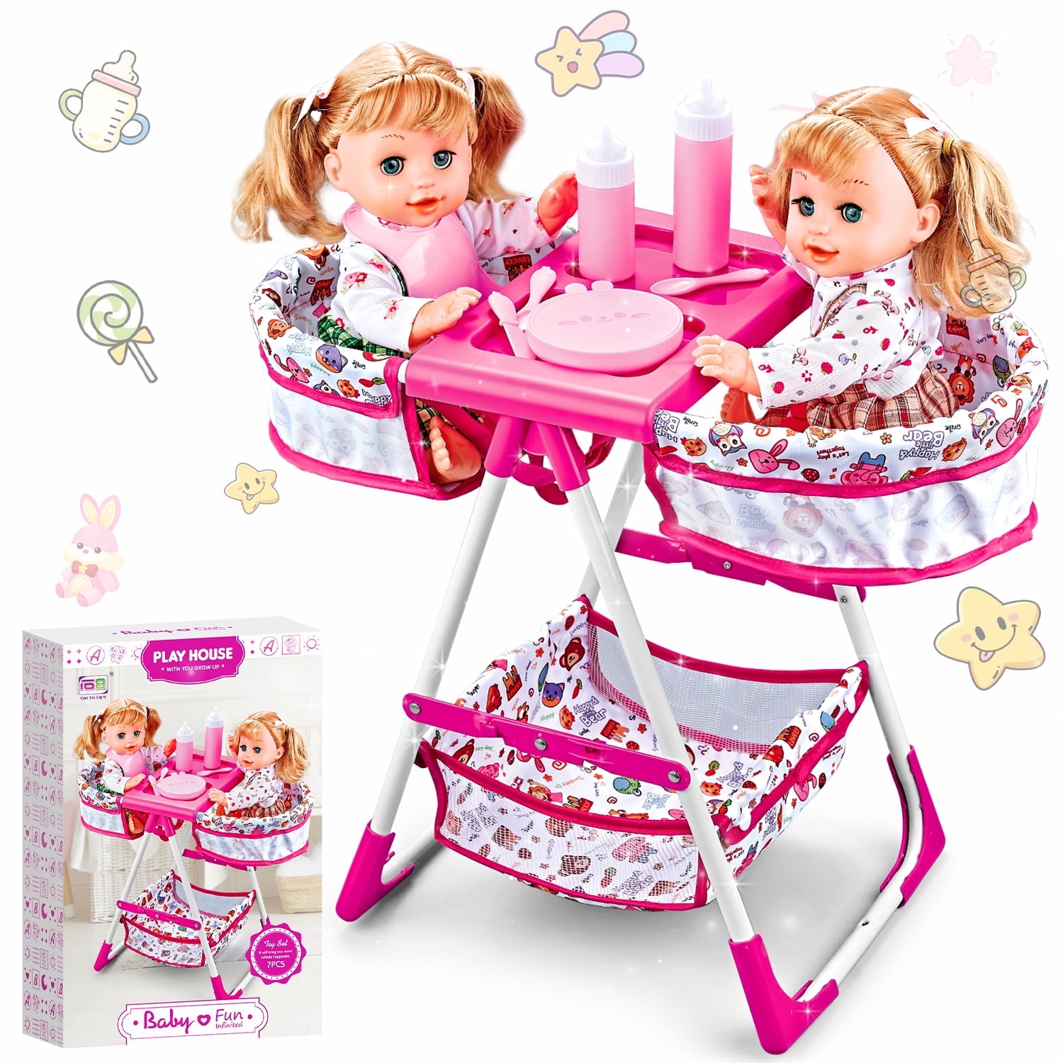 Chuvikid Twin Baby Doll Toy Set,2 Dolls & Doll Accessories,Double Seat Highchair,Kids Girls Party Gift Aged 3-12