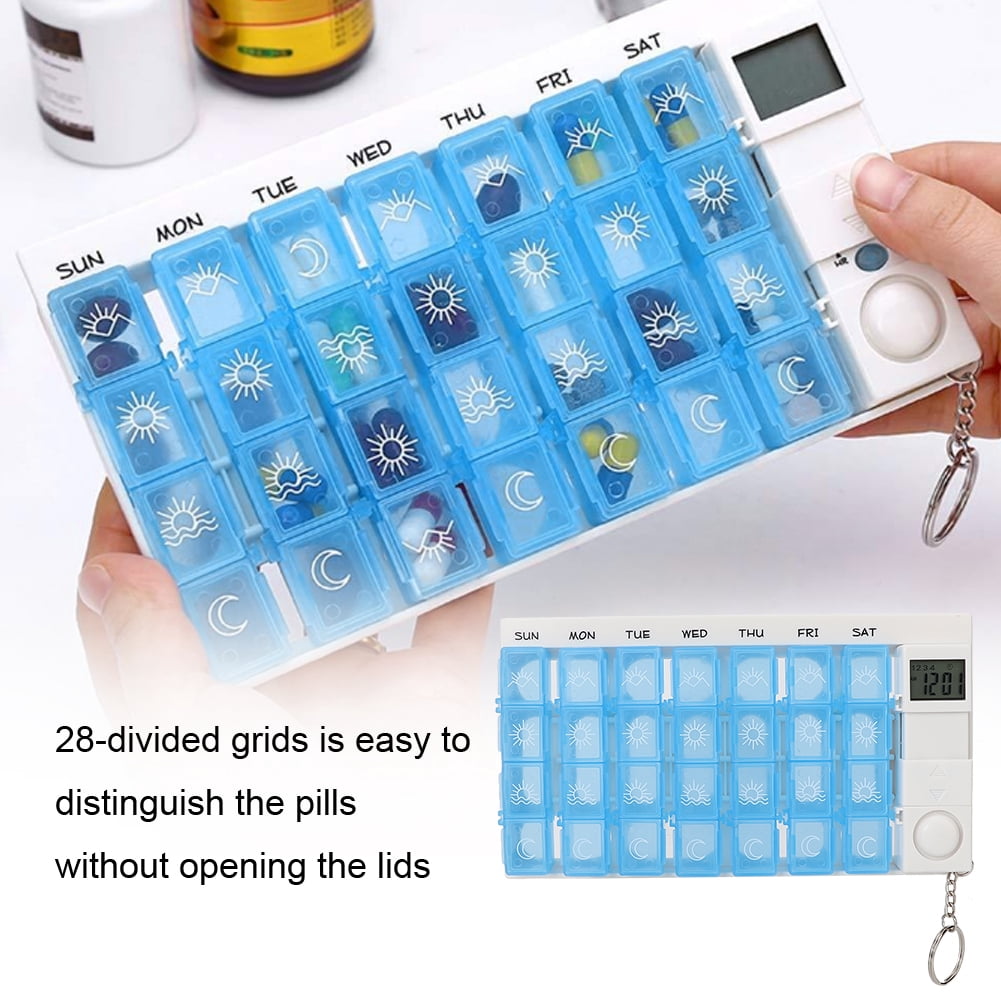 Pills Case Pills Pills Organizer, Pills Organizer Medicine 28 Grids Weekly Medicine Reminder Case Portable Pills Container Intelligent Time Reminder Medicine Box for Reminder