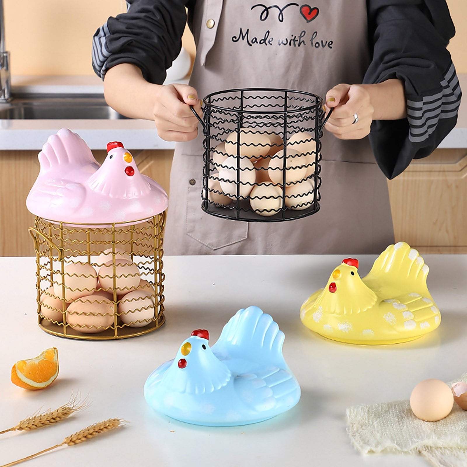 Huayishang Storage Box, Kitchen Essentials Clearance Sale Colorful Design Eggs Basket Ceramic Chicken Shaped Lid Round Wire Basket Bottom Handle Metal Wire Eggs Storage Basket With