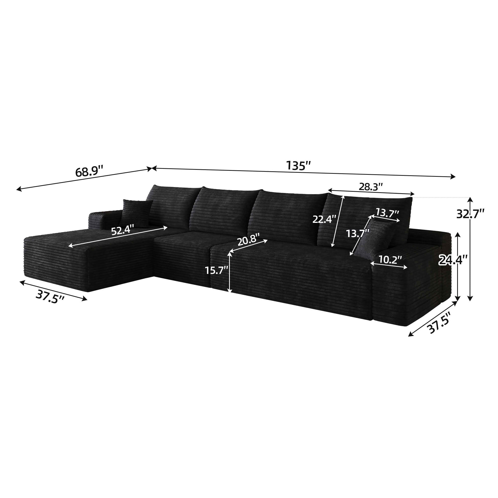 MAYEERTY 135 Inch L‑Shape Cloud Sectional Couch with Chaise, Modern Modular Deep‑Seat Sofa, Plush Corduroy Upholstered Couch, No Assembly Required for Living Room Bedroom Apartment
