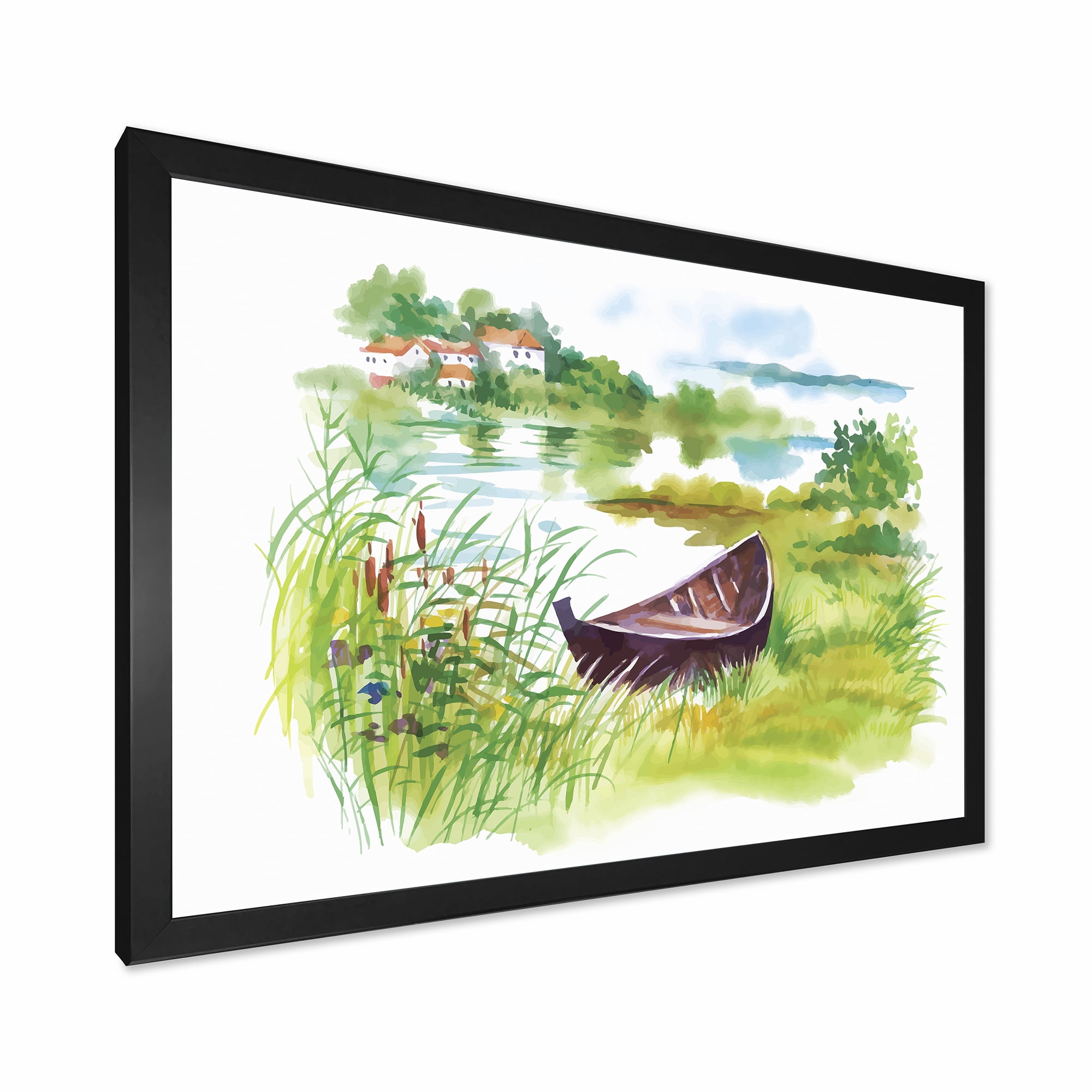 Designart 'Rural Green Landscape With Boat In Lake' Lake House Framed Art Print