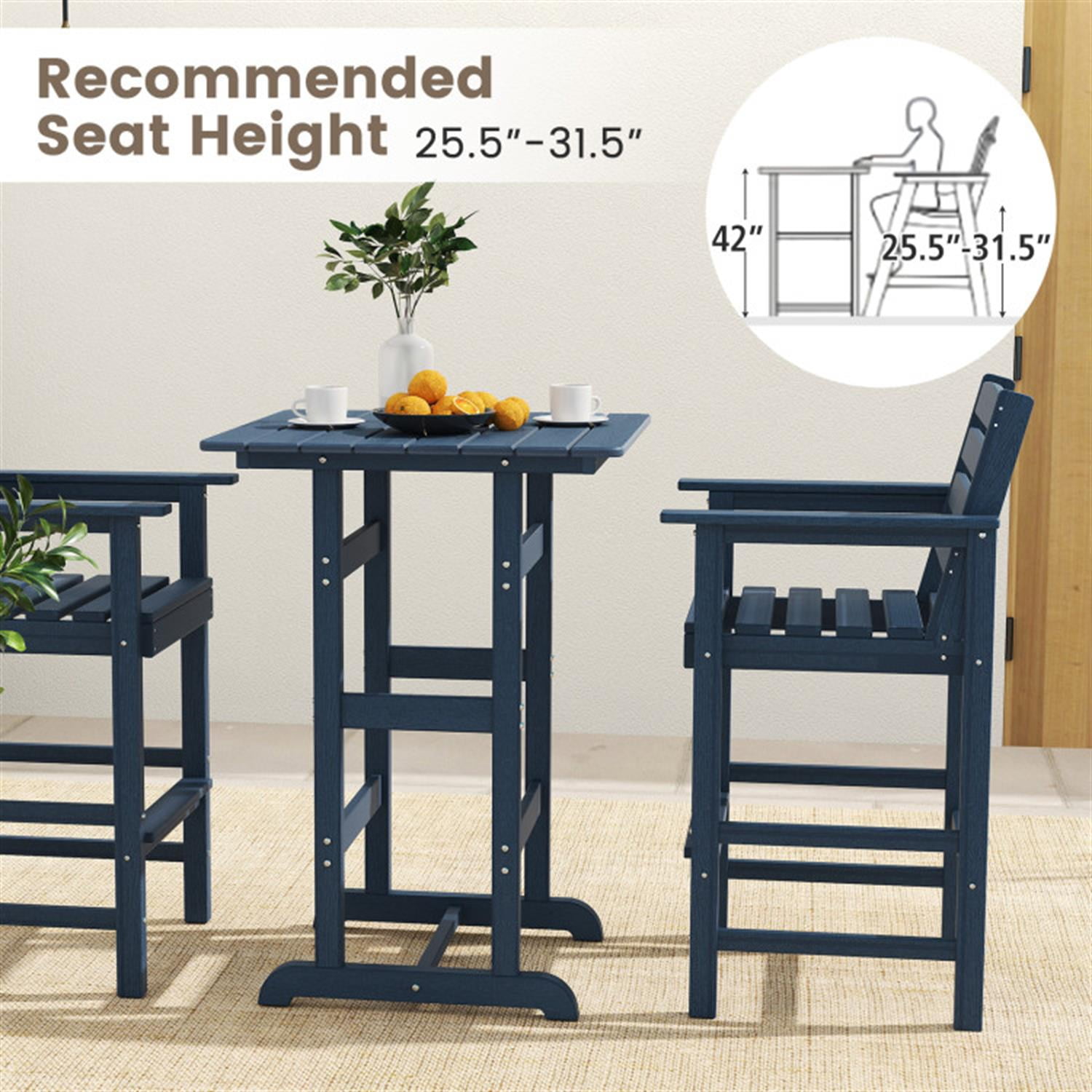 Demi Bonn 30" Square Bar Table Dining Table with Slatted Tabletop for Poolside for Balcony Patio Garden Poolside, Blue