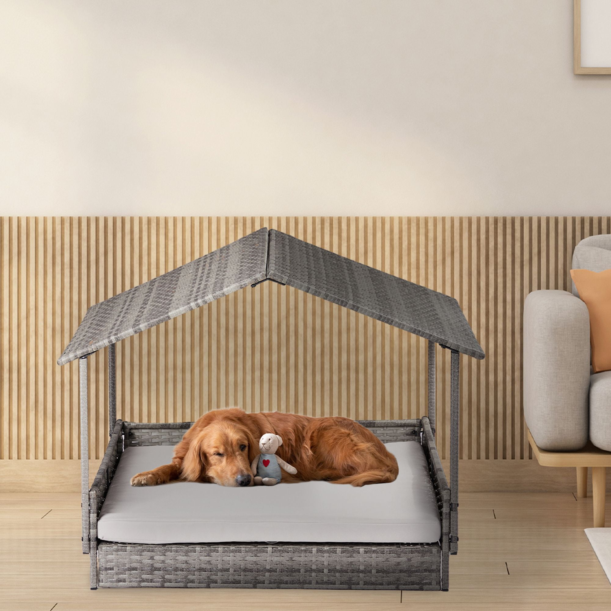Kadyn 38" Elevated Rattan Dog Bed Pet Sofa with Canopy and Washable Cushion Cover, Wicker Dog House for Small, Medium Dogs, Gray