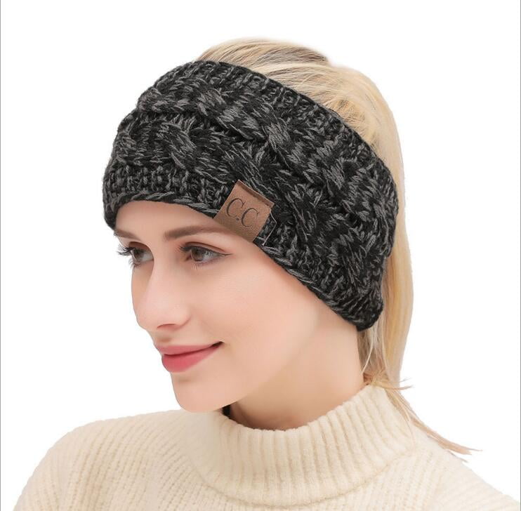 Womens girls winter Knitted Wooly Headband Ponytail Head Wrap Warm Ear Beanie 
