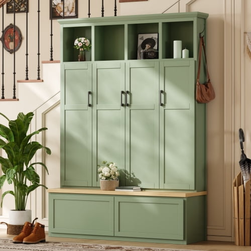 74.8" Modern Farmhouse Hall Tree with 4 Hidden Cabinets, 6 Hooks, Storage Drawers and Bench, Entryway Coat Rack Organizer, Green