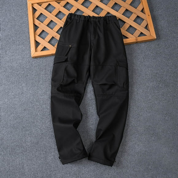 Viluyesy Mens Cargo Pants Fleece Lined Wide Leg Pants Multi-Pocket Outdoor Climbing Elastic Bottom Pants Black 4XL