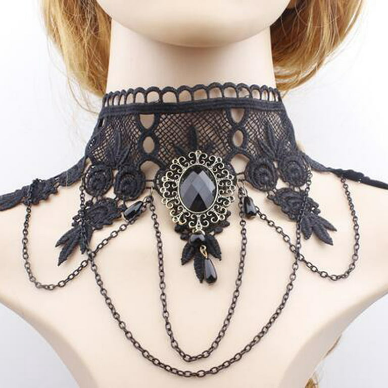 Victorian Gothic Necklace Black Velvet Ribbon Choker Chunky Stone