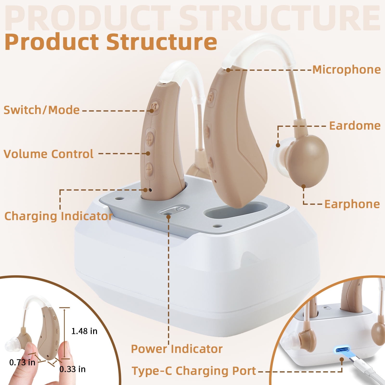 Delmicure Rechargeable Hearing Aids for Seniors, 4-Mode, Digital, Magnetic Charging, VHP-1021, Button Control, Beige