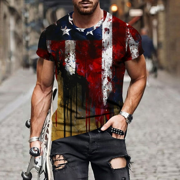NuoCaiYun Independence Day Men T-Shirt Casual Printed Round Neck Pullover Fitness Sports Short Sleeve Blouse