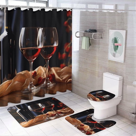 Bathroom Set, Red Wine Glasses Printed Bathroom Set,Bathroom Set 4-Piece Set,Bathroom Set with Shower Curtain Sets and Carpet
