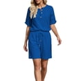 thumbnail image 5 of Women's Half Placket V Neck 3/4 Sleeve Top Drawstring Pocket Bermuda Shorts 2 Piece Outfit, Solid Summer Beach Casual Matching Set Blue XXXXXL(XXXXXL), 5 of 7