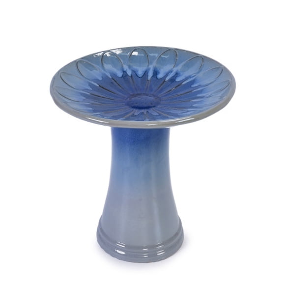 17 Inch Glazed Ceramic Bird Bath Blue Ombre Floral Pattern Lightweight Tall Pedestal Bird Bath Elegant Outdoor Decorative Bird Basin for Garden Yard Patio and Lawn