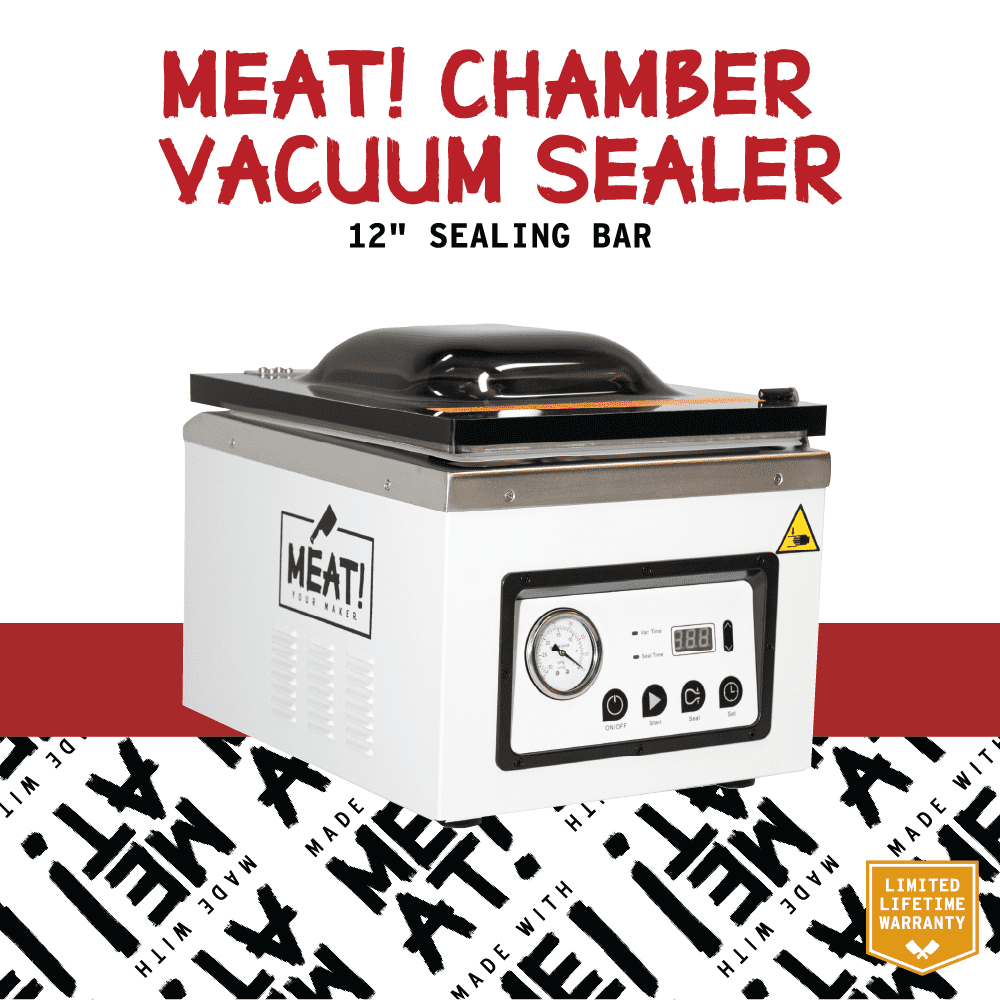 MEAT! Chamber Vacuum Sealer with 12" Sealing Bar, Adjustable Seal Time, Vacuum Gauge, and Vacuum Bag Sampler Pack for Preserving Meat and Vegetables