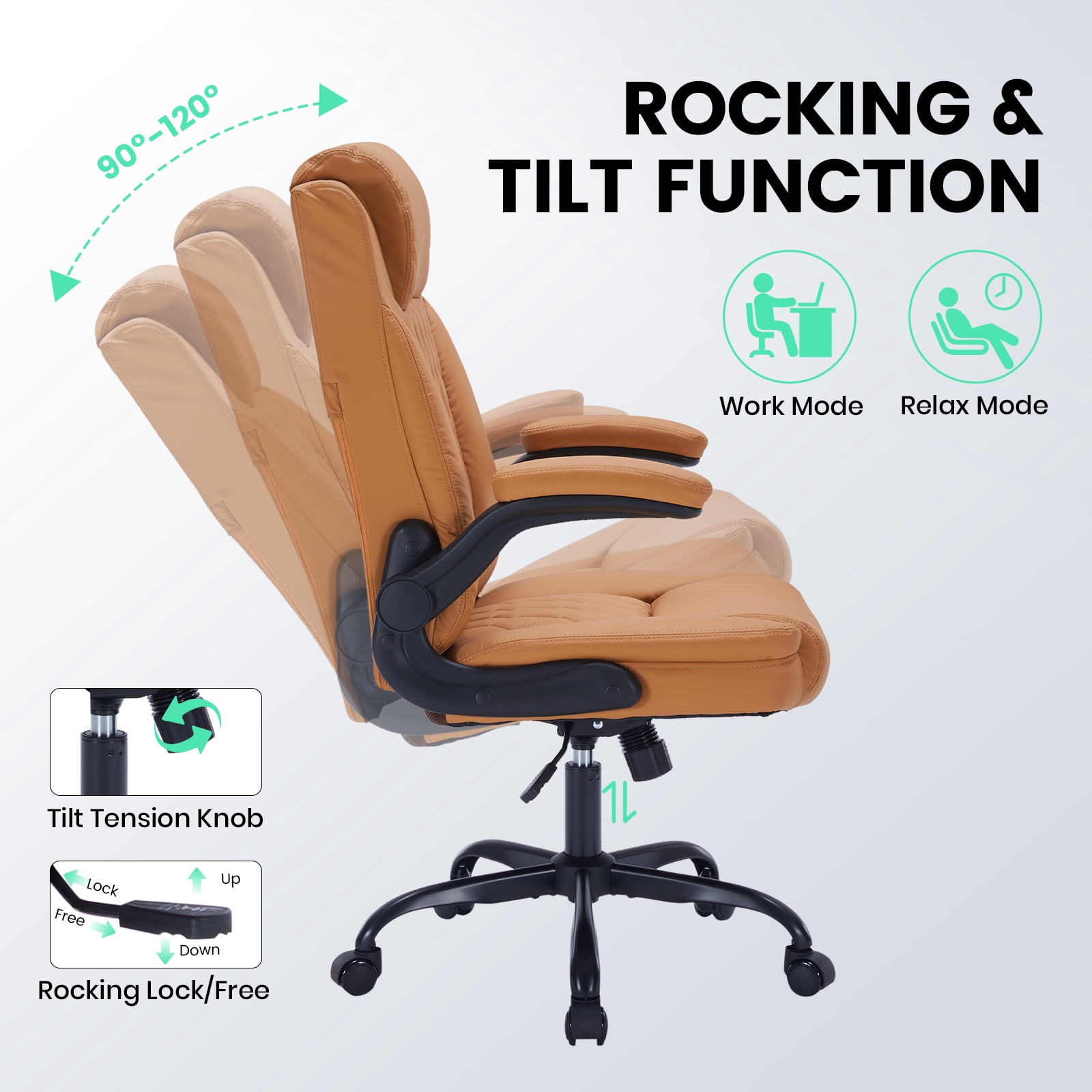 Garvee Big and Tall Executive Leather Office Chair – 350 lbs Capacity Ergonomic Computer Desk Chair – Lumbar Support, Adjustable Turn-Up Arms & Wheels, High Back Managerial Chair – Brown