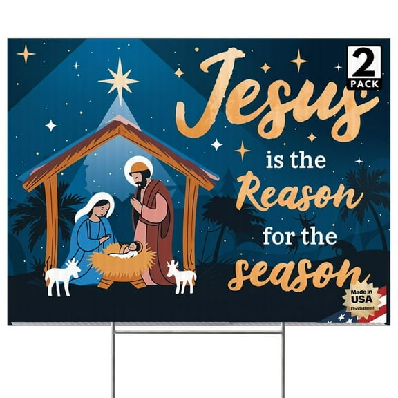 2 Pack 24"x18" Jesus is the Reason for the Season Sign, Double Sided Yard Sign With Stakes, Nativity Christmas Decorations for Outdoor (Design 10)
