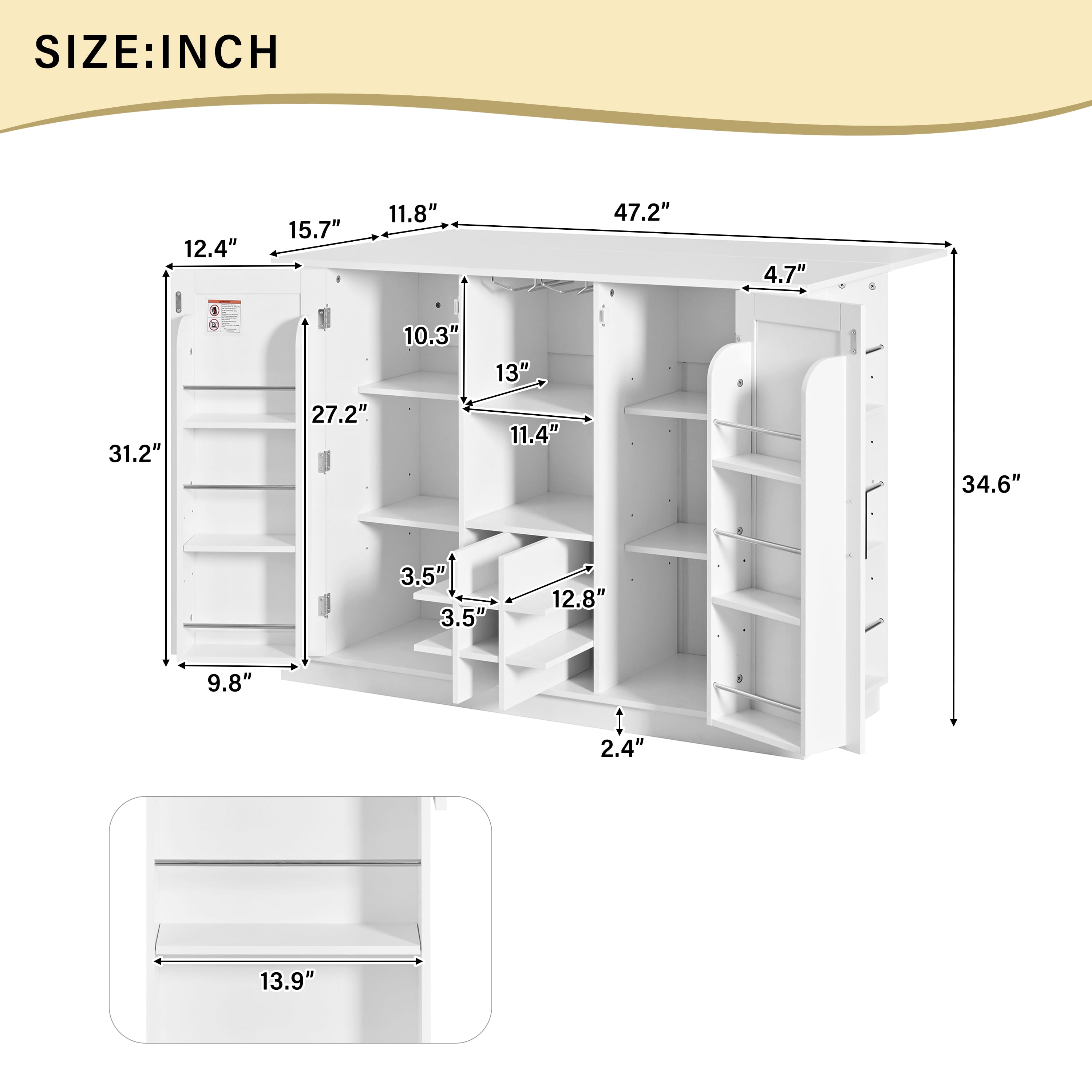 47.2-Inch Counter Height Kitchen Island with Foldable Drop Leaf Tabletop, Sideboard Buffet Bar Cabinet with Wine Rack and Glass Holder, Storage Cabinet for Dining Room, White