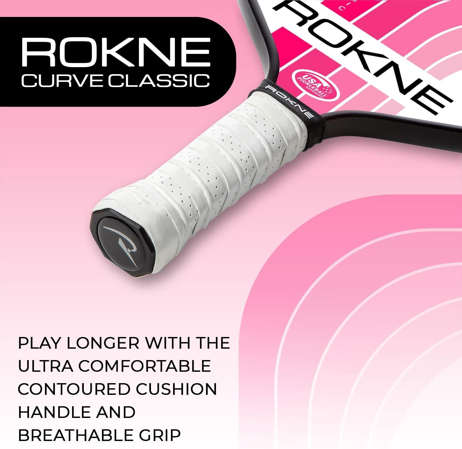 Rokne Curve Classic Fiberglass Pickleball Paddle Long Handle Racket with Comfortable Grip,Bubblegum