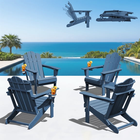 KINGYES Folding Adjustable Adirondack Chairs Set of 4, All Weather Use Reclining Adirondack Chair, HDPE Adirondack Outdoor Chair - Blue