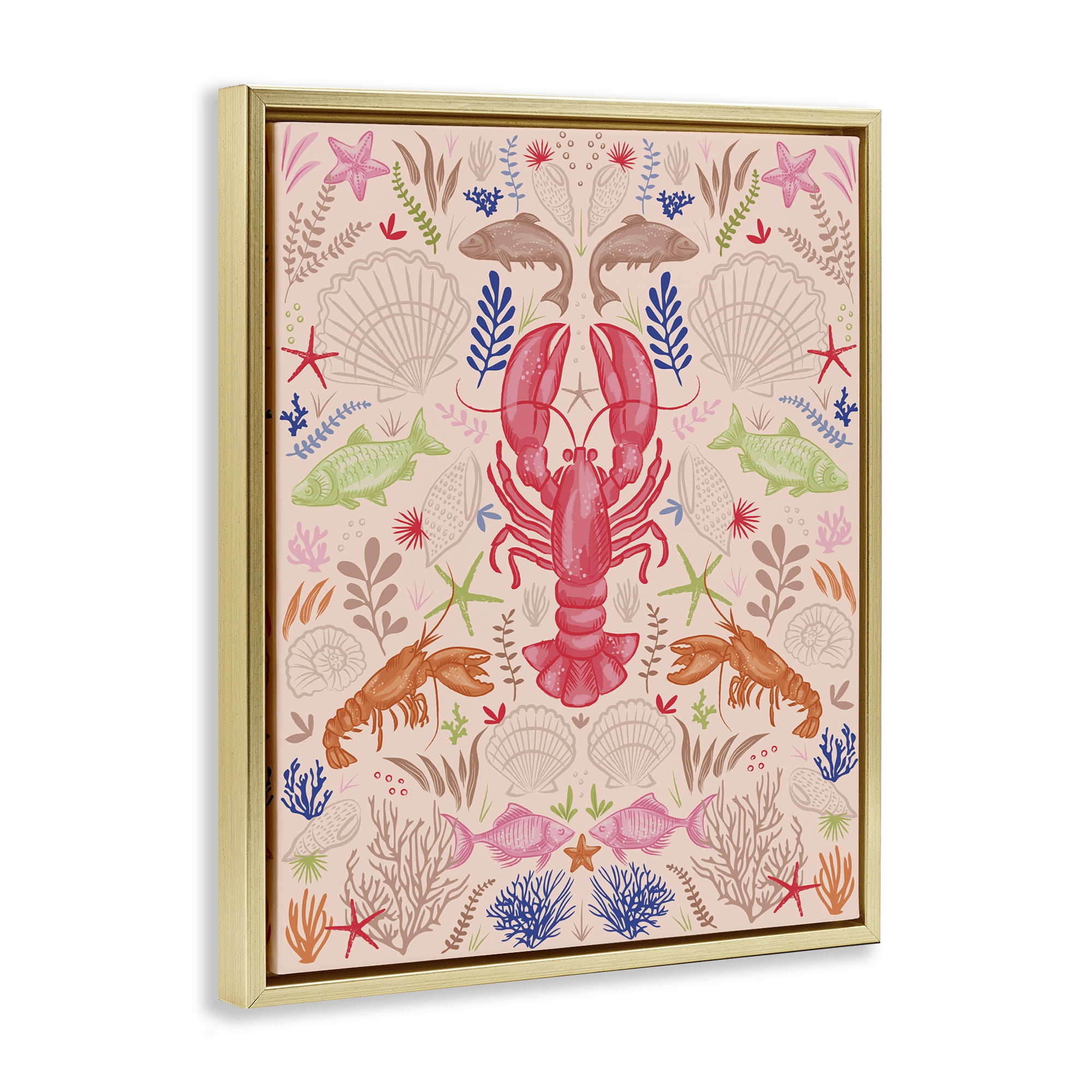 Stupell Industries Symmetrical Sea Life Nautical & Beach Painting Gold Floater Framed Canvas Art Print Wall Art, 17 x 21