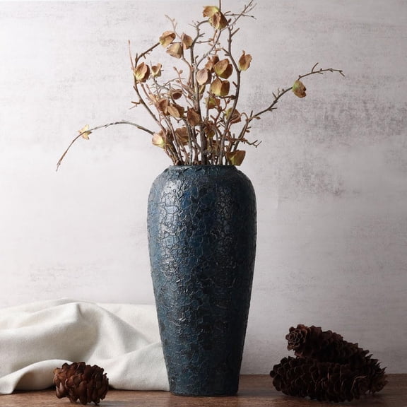13 Inch Tall Blue Ceramic Vase - Rustic Pottery Accent for Centerpieces, Decorative Flower Container for Living Room Table Kitchen Office Entryway Modern Large Home Decor Piece