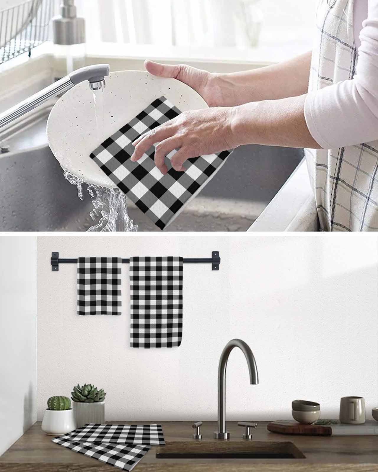 Black White Plaid Kitchen Dish Towels for Drying Dishes Set of 2, Gradient Geometric Buffalo Checkered Waffle Weave Microfiber Hand Tea Bathroom Towels Quick Dry & Absorbent Towel 12x12