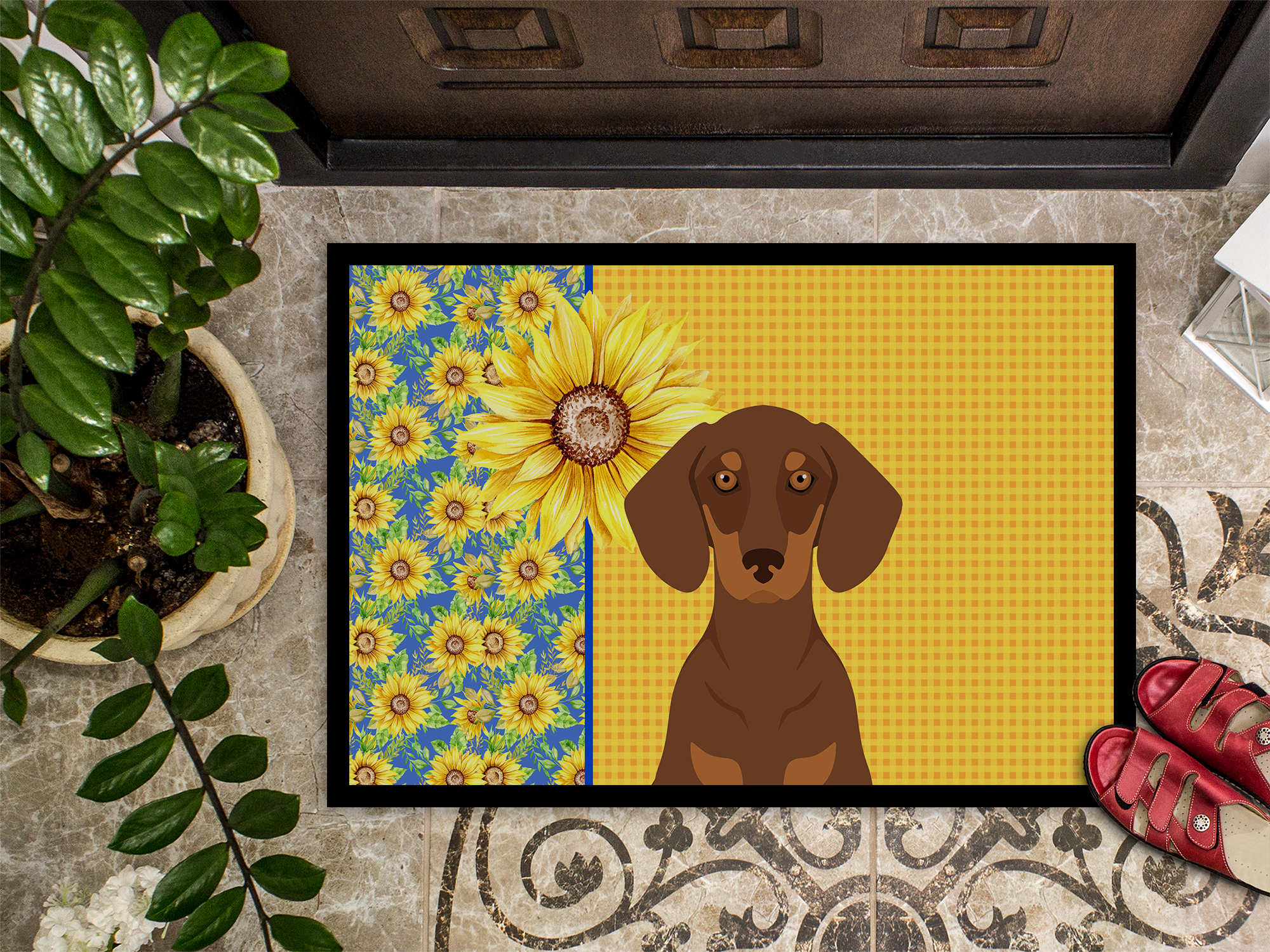 Carolines Treasures WDK5397JMAT 24 x 36 in. Summer Sunflowers Chocolate & Tan Dachshund Indoor or Outdoor Mat