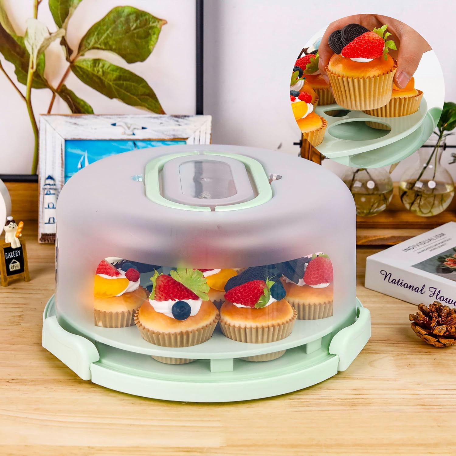 TEXIJUSO Green Cake Containers with Lids Round Plastic Cupcake Holders 4-in-1 Multipurpose Cake Carrier Holder for 11 Inch Cake Pies Cupcake Eggs Fruit or Snack Transport