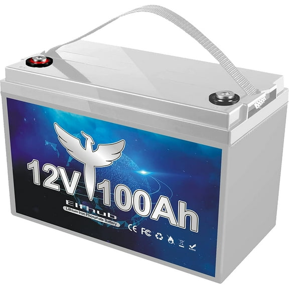 Elfhub 12V 100Ah Lithium Battery, 1280Wh LiFePO4 Battery with 100A BMS, Over 5000  Rechargeable Cycles. Perfect for RV/Camper, Solar, Off-Grid, Boat, Marine, Trolling Motor, Road-Trip.Support 4S/8P