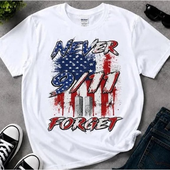 Never Forget 9/11 Memorial Distressed USA Flag Patriotic Tribute T-Shirt