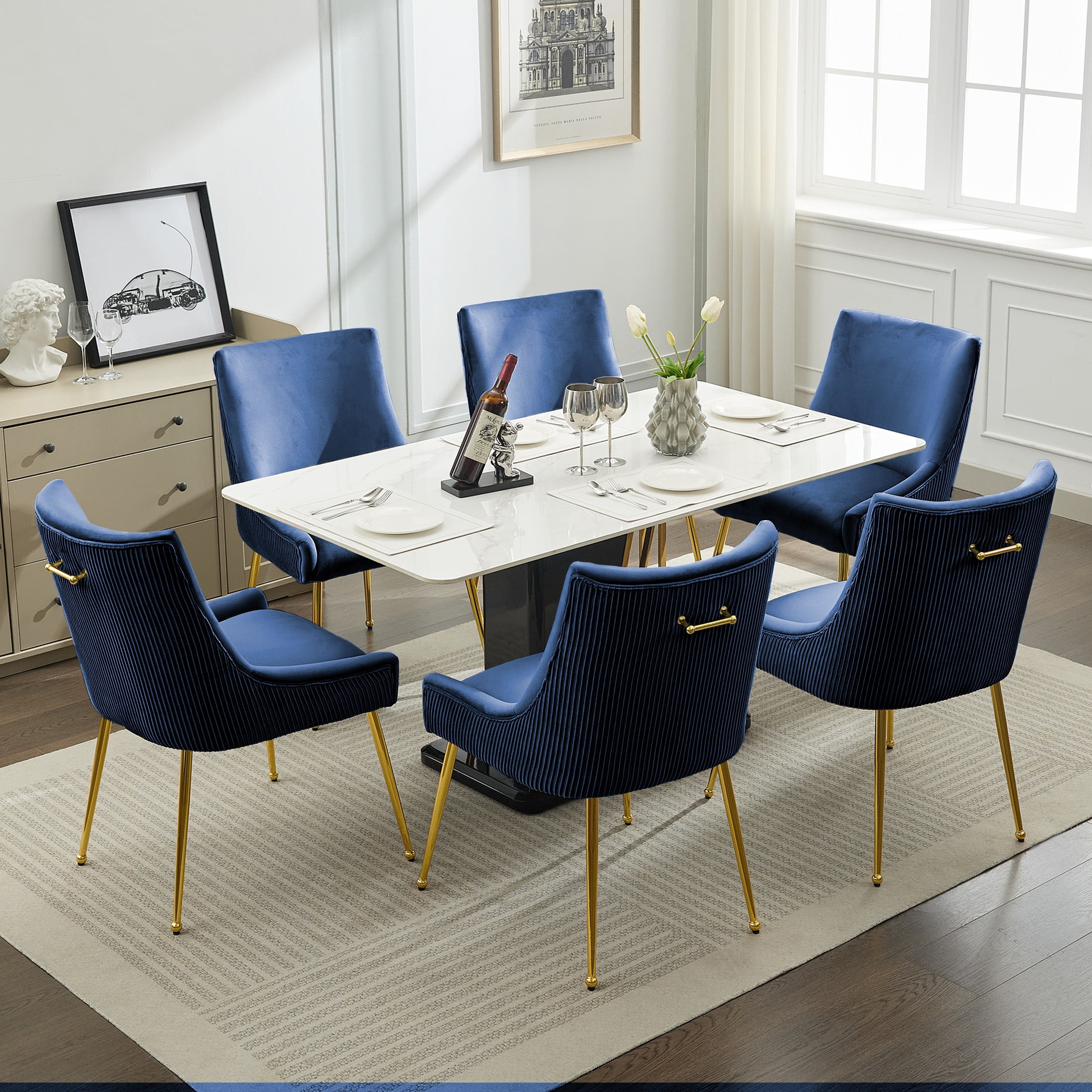 Velvet Dining Chairs Set of 2 with Gold Legs, Upholstered Accent Chairs, Pleated Back & Gold Pull Handle, Mid-Century Modern for Dining Room, Kitchen, Living Room, Blue