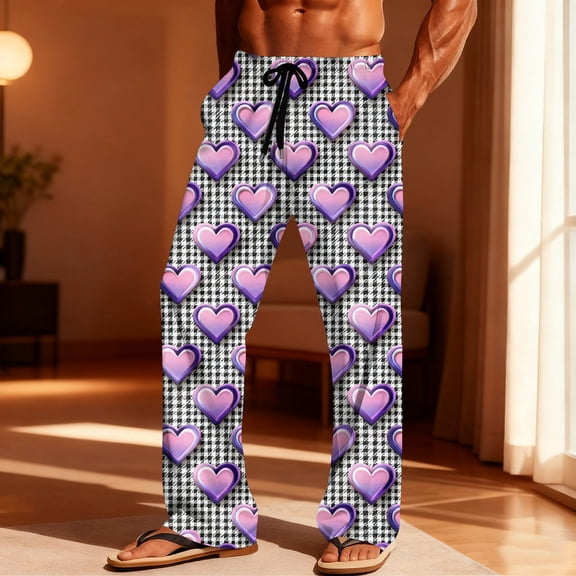 Meichang Valentine's Day Pajama Pant Men Lightweight Heart Print Sleep Lounge Pants Elastic Waist Drawstring PJ Bottoms Comfy Sleepwear Pajama Pants with Pockets